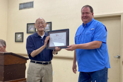 Martin, K5FLU, was the guest speaker at the September Meeting of the Vicksburg ARC. He recounted growing up in the Delta, going to school at Mississippi State and Georgia Tech, and then talking about the beginning of MFJ in Starkville, and its evolution into a major Ham Radio supplier. Martin noted that MFJ now markets over 2,000 Ham products. In the photo Martin was presented a certificate of appreciation for his visit to Vicksburg.  Presenting the certificate is VARC Club President AF5OQ. (Photo provided by K4FMH)
