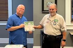 The details for 2024 Mississippi QSO Party have been wrapped up. The results have been sent out via email and certificate and plaques are traveling via snail mail. The Mississippi Coast ARA (W5SGL/5) operated portable this year resulting in winning a certificate for first place multi-op in Harrison County. In the photo Club President W5SOF(left) receives the certificate from KF5BA (right). (photo provided by N5OCT)